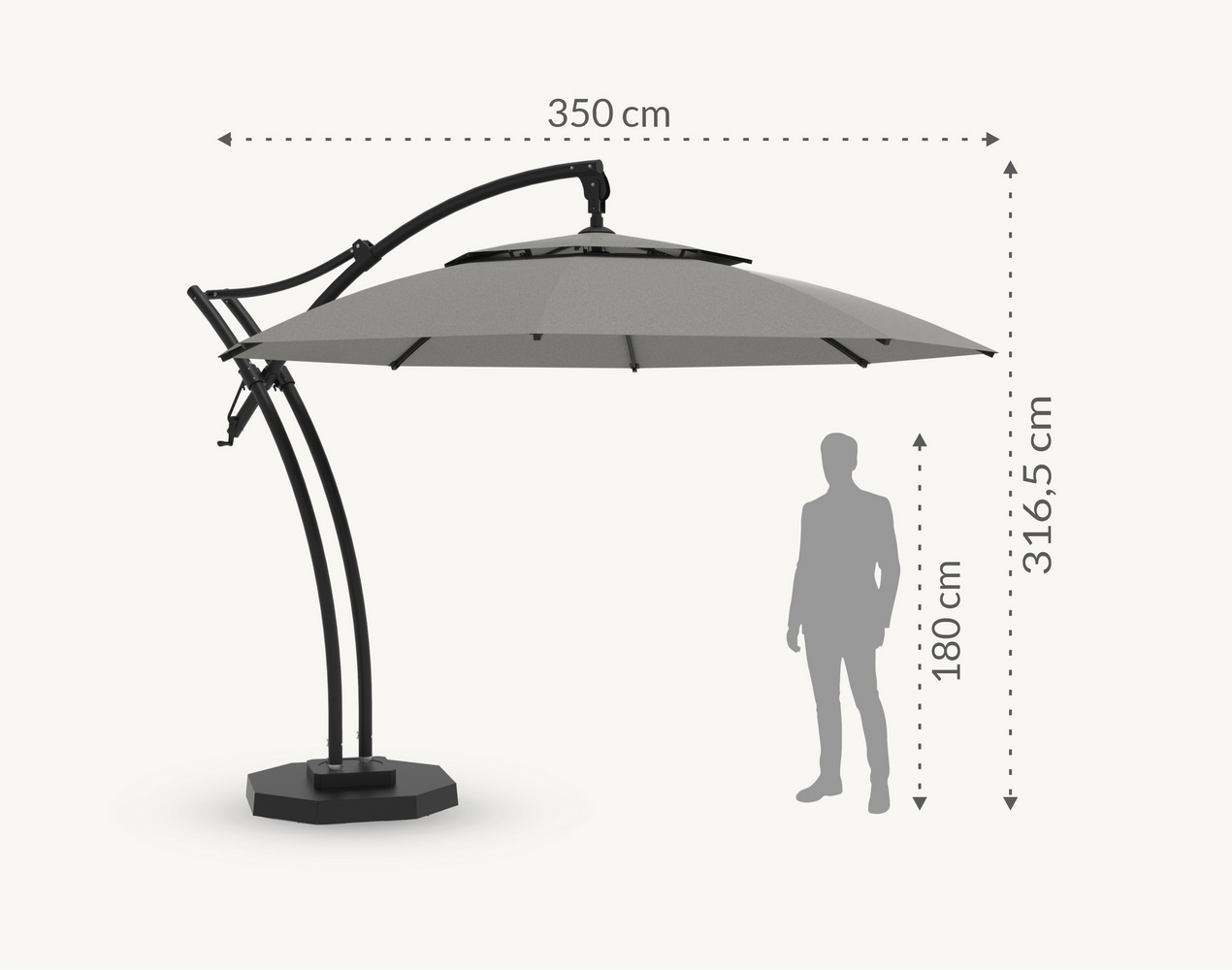 Parasol ogrodowy Ibiza 3,5 m w kolorze szarym – poszycie poliestrowe – rotator – nakładka – wymiary