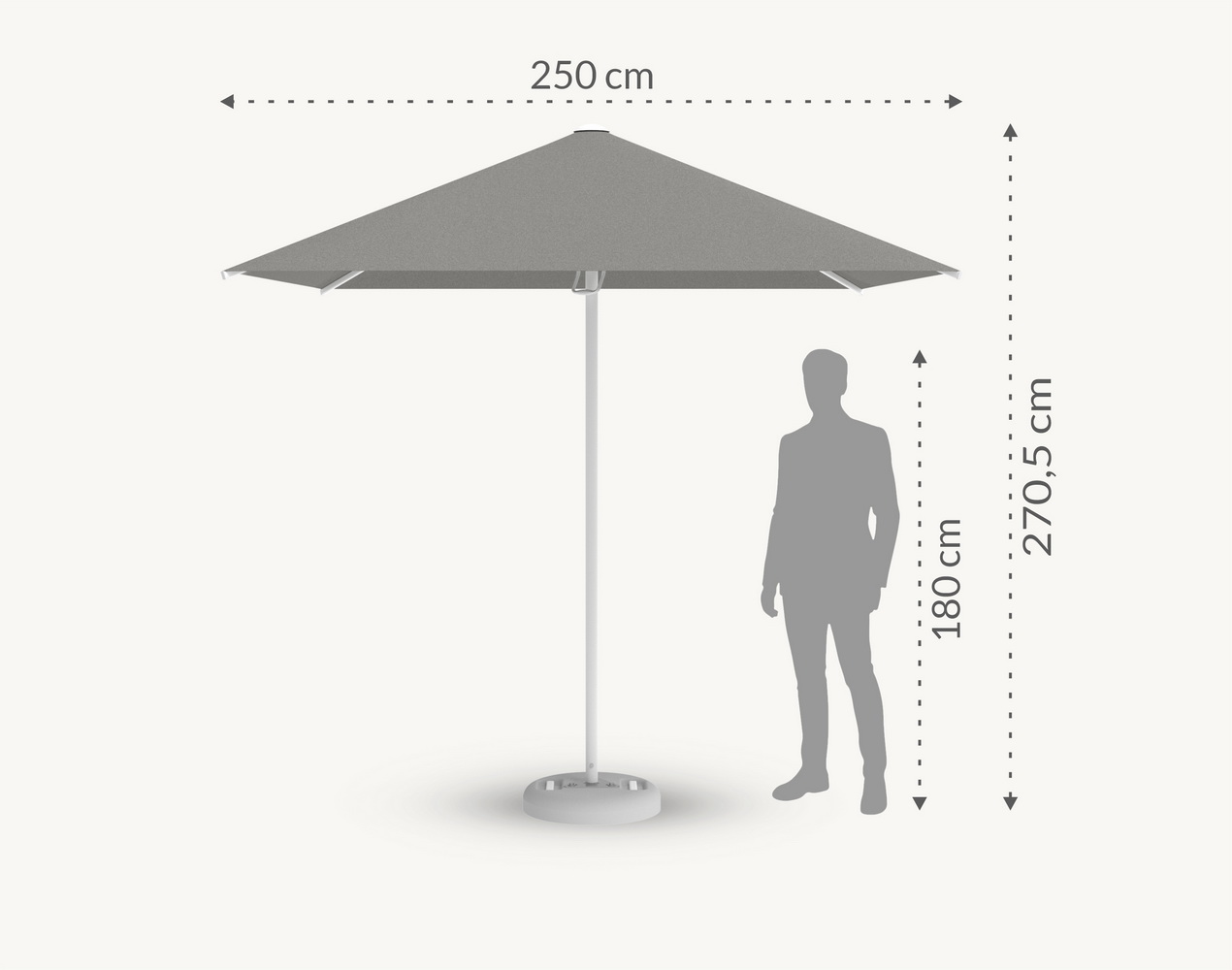 Parasol ogrodowy Barbados 2,5 m² w kolorze szarym – poszycie poliestrowe – wymiary