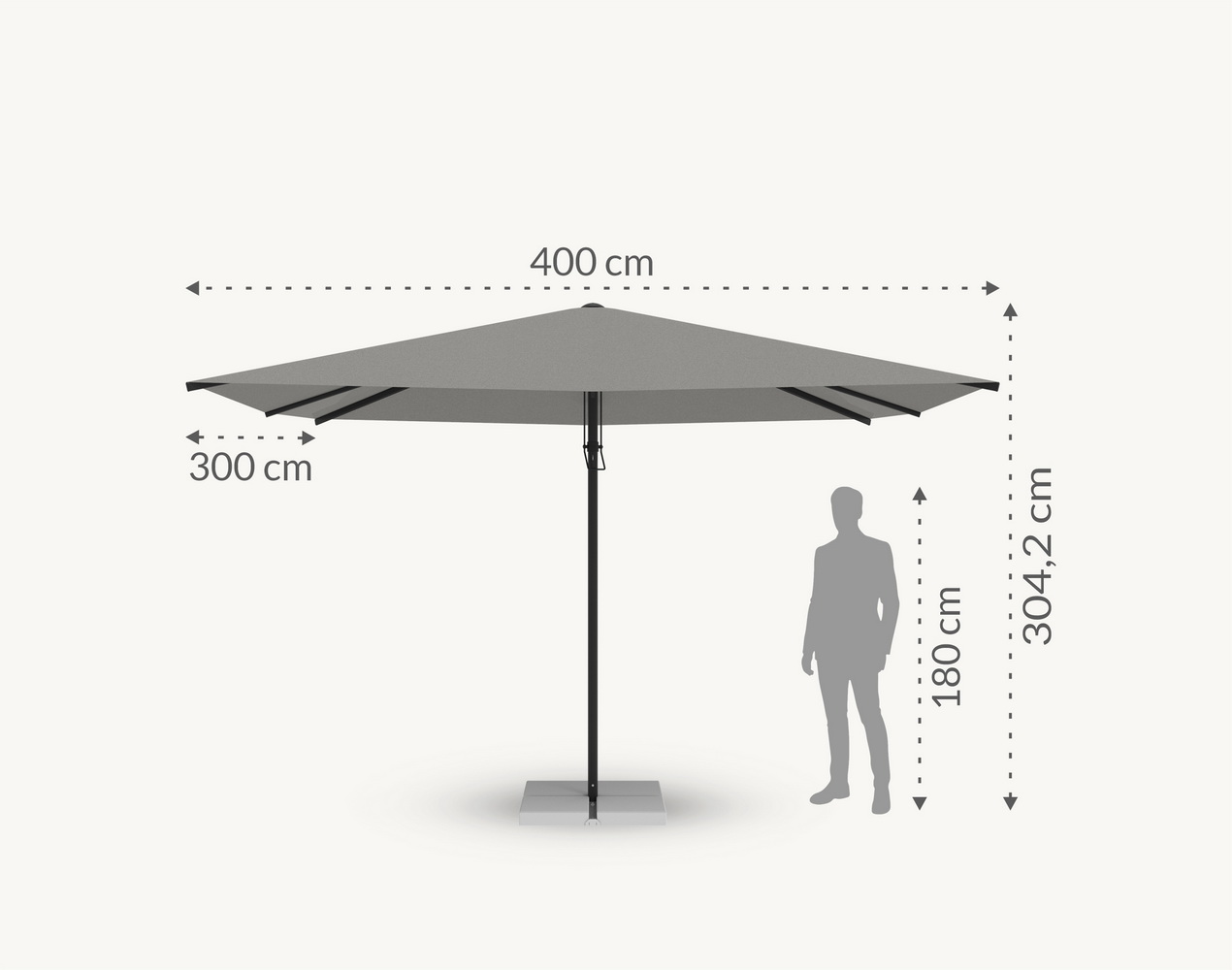 Parasol ogrodowy Rectangular 3×4 m w kolorze szarym – poszycie poliestrowe – wymiary