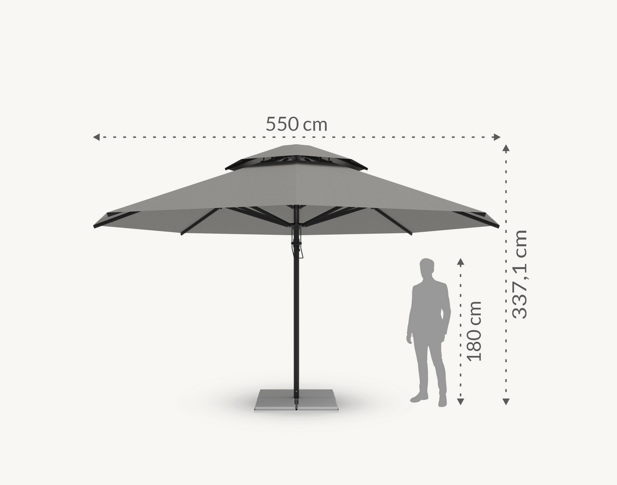 Parasol ogrodowy Vesuvio 5,5 m w kolorze szarym – poszycie poliestrowe – wymiary